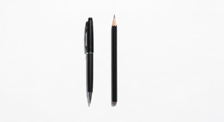 Two black writing instruments, a pen and a pencil, sit side-by-side on a white surface