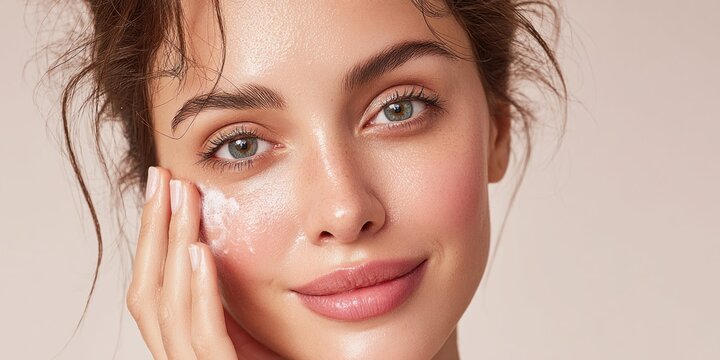 Beautiful woman applying skincare cream to her cheek with gentle fingers for a healthy glow