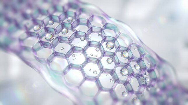 Macro view of iridescent bio-polymer honeycomb structure with water droplets and refraction
