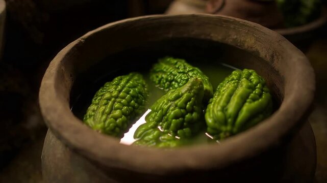 Fresh Green Bitter Melons Soaking in Water Inside a Rustic Clay Pot for Traditional Cooking.