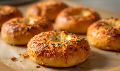  golden-brown garlic-Parmesan cottage cheese bagels resting on a parchment-lined baking sheet.