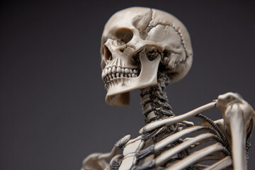 Detailed side view of a human skull and cervical vertebrae on a dark background, perfect for medical or educational use.
