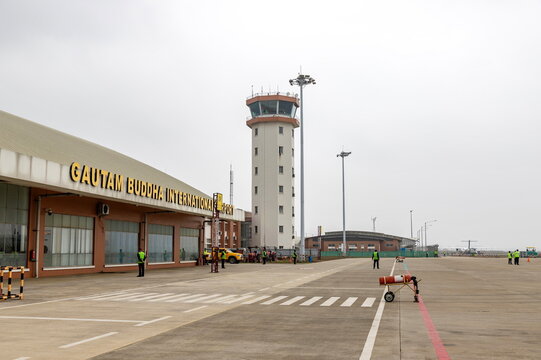 Gautam Buddha International Airport, Bhairahawa, Nepal &ndash; January 30 2026 Exterior view of terminal building and control tower at Gautam Buddha International Airport in Bhairahawa, Nepal