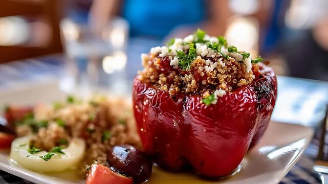 Delicious Stuffed Red Bell Pepper with Quinoa and Feta Cheese, a Healthy Mediterranean Meal.