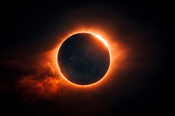 Obraz premium Dramatic total solar eclipse featuring a fiery orange corona and solar flares, depicting the awe-inspiring power of celestial events.