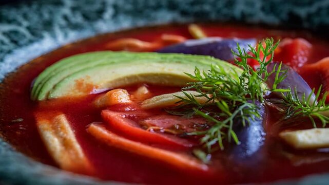 Close Up View of Gourmet Red Soup with Fresh Avocado and Healthy Ingredients for a Refreshing Meal.