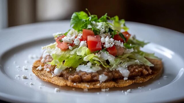 Authentic Mexican Tostada Dish with Crispy Tortilla, Beans, and Colorful Vegetable Toppings.
