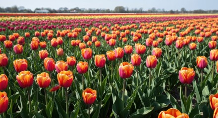 Vibrant tulip field stretching to horizon