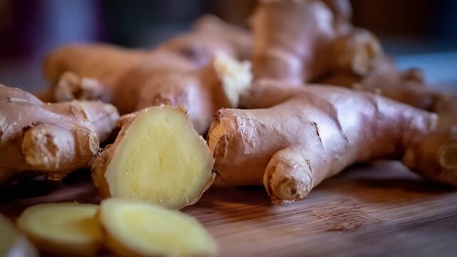 Fresh organic ginger root with sliced pieces on a wooden board ready for healthy cooking.