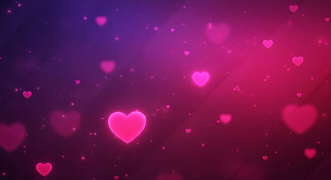 Abstract glowing hearts background with purple and pink neon light. Romantic bokeh wallpaper for Valentine's Day. Magic sparkles and shining heart shapes.