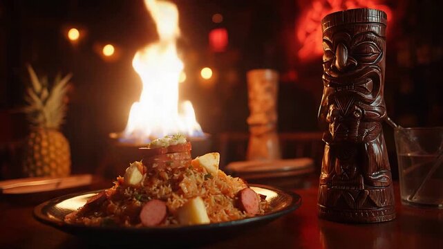Delicious Flaming Food Served with a Tiki Mug and Pineapple in a Tropical Restaurant Setting.