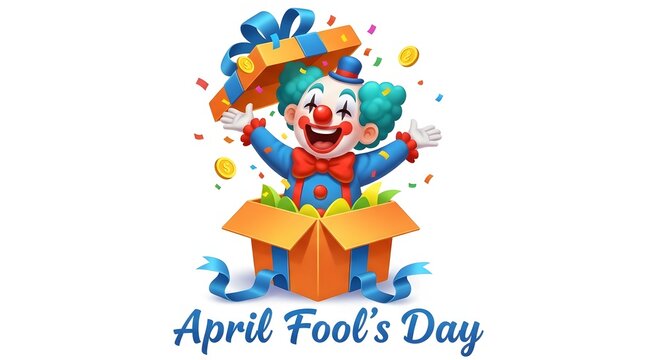 April fool's day cartoon clown emerging from a jack in the box