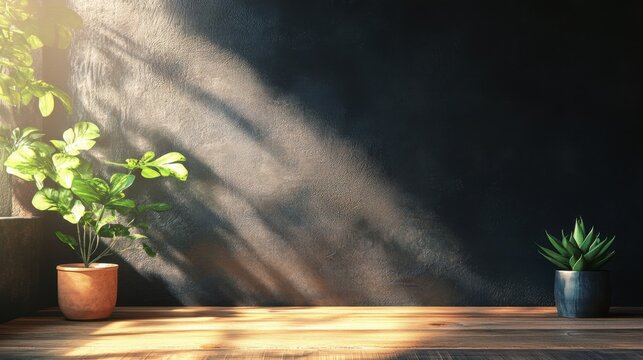 Sunlit wooden table with plants against dark wall