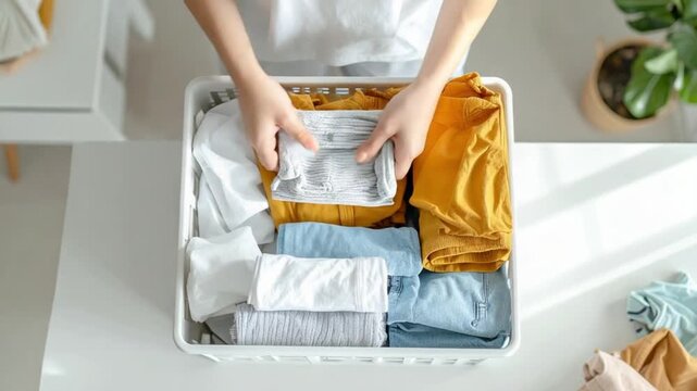Overhead view of hands neatly organizing folded clothes in a white basket