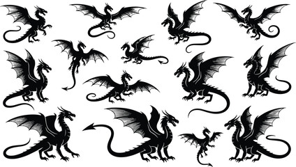 Large Collection of Black Dragon Silhouettes, Featuring Flying, Standing, and Winged Mythical Creatures for Fantasy Design, Gaming, and Folklore Illustration Projects © Safia