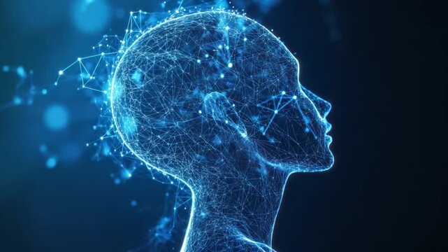 Digital Mindscape abstract representation of a human head, intricately woven with luminous, interconnected lines and nodes, symbolizing the complexities of the mind and the digital realm.