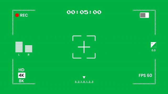 Digital camera 4K recording viewfinder HUD overlay on a chroma key green screen, featuring a running timecode, audio meters, and focus crosshairs for seamless video production compositing.