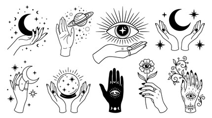 Celestial Witchy Hands Vector Art Set. Mystical Line Illustrations with Magic Eye, Moon, Stars, Planet, and Crystal Ball for Astrology & Esoteric Designs. © Deru