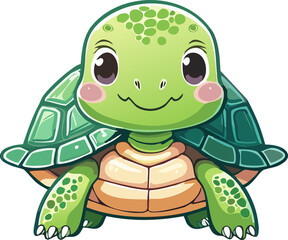 Obraz premium Cute green turtle character, chubby rounded body, pastel color palette, soft simple face with blush cheeks, tiny flower accessory on head, flat vector illustration, minimal shading, colorful doodle sp