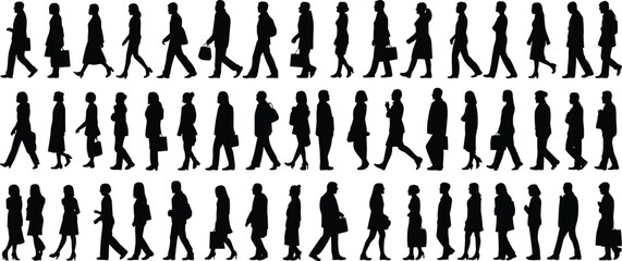 Collection of walking people silhouettes in urban lifestyle poses, carrying bags, diverse human figures, business movement, pedestrian activity vector illustration