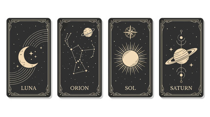 Mystical Celestial Tarot Cards Set - Luna, Sol, Orion, Saturn - Astrology & Divination Symbols © Deru