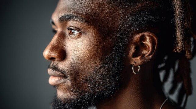 Close-up profile portrait of a thoughtful Black man with dreadlocks and a hoop earring