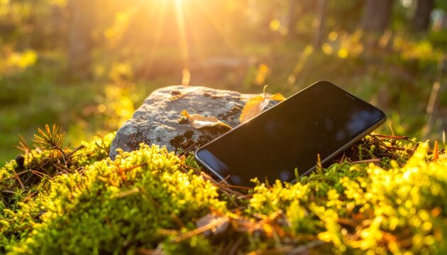 Smartphone resting on moss and rock in forest setting