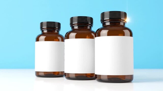 Amber glass supplement bottles with blank white labels on a blue background