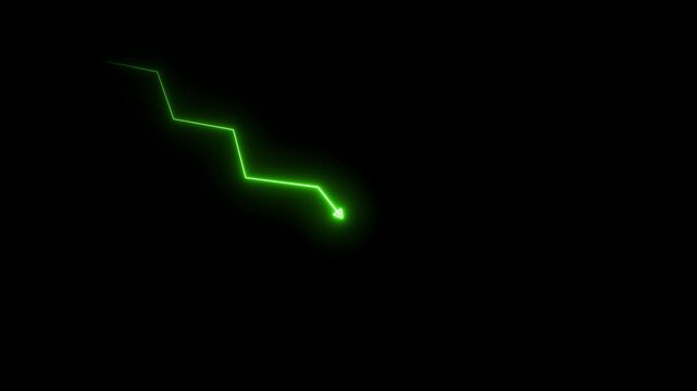 A vibrant neon green abstract arrow shape with a zigzag line leading to it against a solid black background signifying a directional concept or data visualization