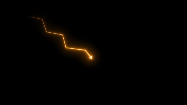 A luminous neon orange abstract arrow shape with a zigzag line leading to it against a solid black background representing a directional concept or data visualization