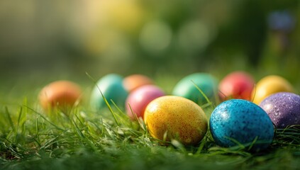 Colorful Easter eggs scattered in lush green grass, creating a festive and vibrant springtime atmosphere.