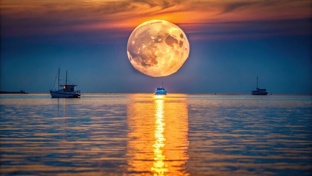 A photo of a full moon casting its luminous glow over a vast sea at sunset, the water reflecting the moons light like silver, with distant boats navi