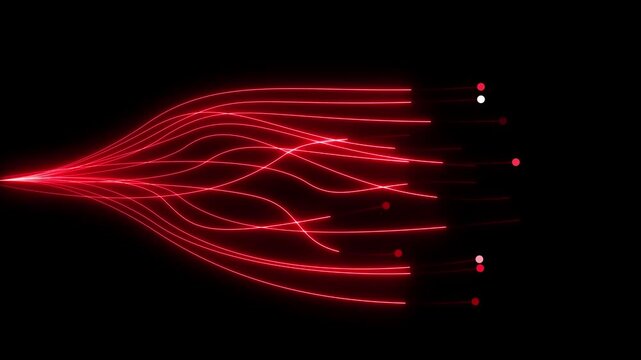 Abstract flowing red neon light trails diverging from a central point against a dark black background with small white and red dots at the ends of the trails representing data flow or energy transfer