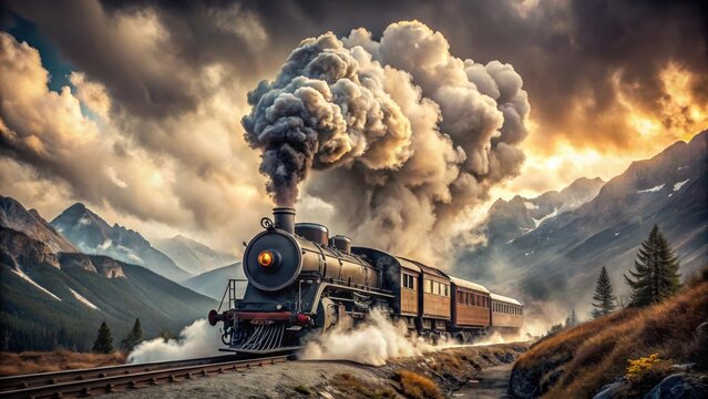A photo of a vintage steam train chugging through billowing clouds of smoke in front of dramatic mountainous landscape