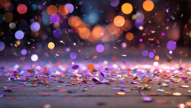 A vibrant scene of colorful confetti scattered on a surface, illuminated by soft bokeh lights, creating a festive atmosphere.