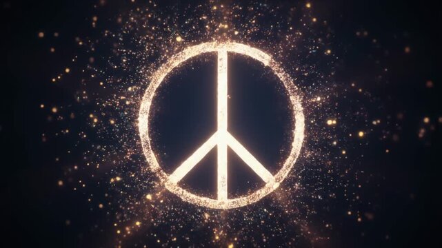 Glowing Peace Symbol Surrounded by Sparkling Lights.