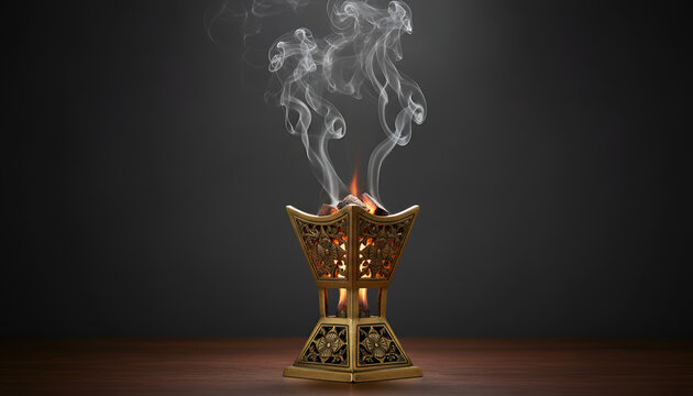 Luxurious gold Islamic incense burner with rising smoke, aromatic bakhoor for Ramadan and Eid Mubarak celebration, cinematic closeup, generative AI
