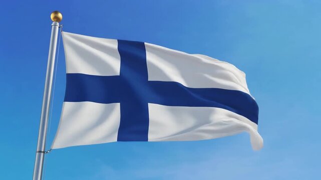 Finnish flag waving against a clear blue sky.