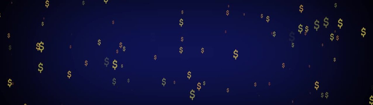 Numerous golden yellow and subtle reddish dollar signs are scattered and floating against a deep navy blue gradient background, creating a sense of abundance, wealth, or financial activity in a