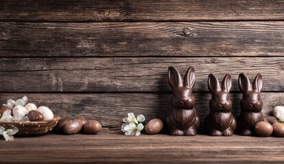 Three chocolate bunnies sit on a rustic wooden surface, accompanied by decorative eggs and floral accents, creating a festive atmosphere.