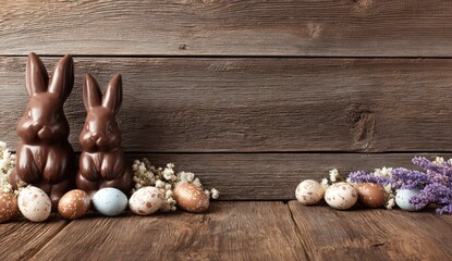 Chocolate bunnies sit beside colorful Easter eggs on a rustic wooden table, surrounded by delicate flowers, creating a festive spring atmosphere.