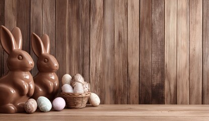 Two decorative bunnies stand beside a basket filled with colorful eggs against a rustic wooden background, evoking a festive Easter ambiance.