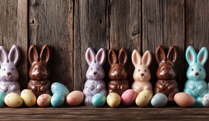 Colorful ceramic bunnies and speckled eggs lined up against a rustic wooden background, evoking a festive Easter ambiance.