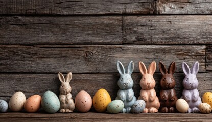 A decorative arrangement featuring colorful bunny figurines and speckled eggs against a rustic wooden background, evoking a festive, springtime atmosphere.