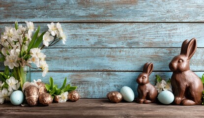 A festive arrangement featuring chocolate bunnies, Easter eggs, and spring flowers against a rustic blue wooden background.