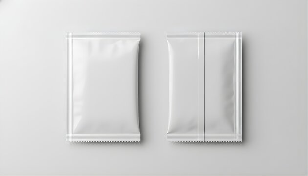Two blank white foil packaging sachets on grey background for product design mock up showing front and back view with heat seal details and textured surface for food or cosmetic sample presentation