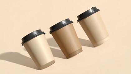 Three disposable coffee cups mockup arranged diagonally on a plain surface viewed from above