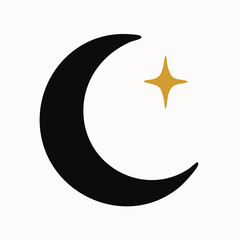 Golden star shining brightly beside crescent moon