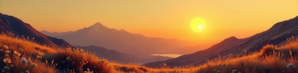 Obraz premium Golden mountain landscape, moon & sun, abstract plants Minimalist earth tones , vector, cover