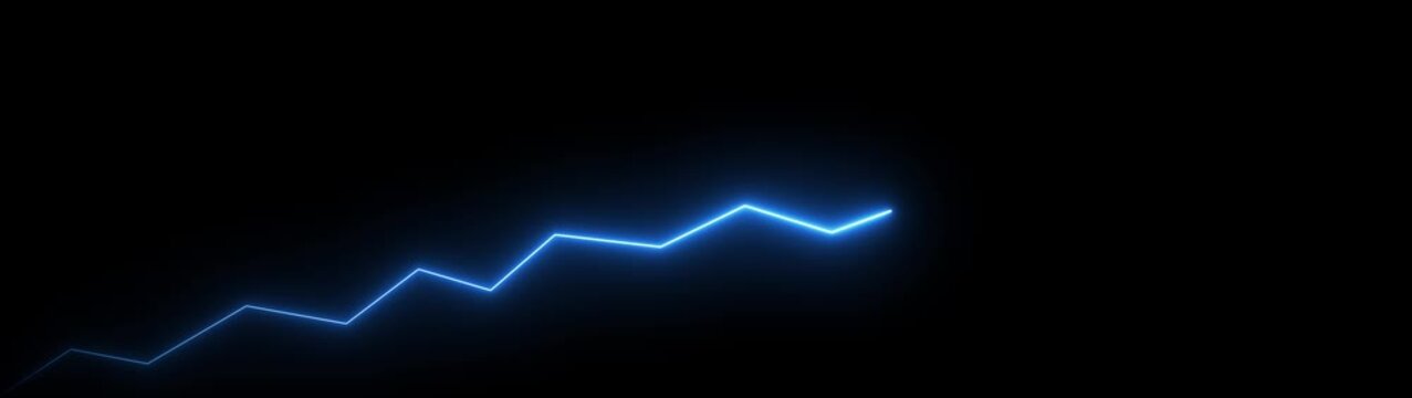 A bright electric blue glowing zigzag line representing a graph or waveform moving upwards against a completely black background with ample negative space